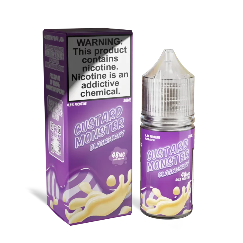 Custard Monster Blackberry 30ml salt nicotine vape juice bottle and box, 48mg