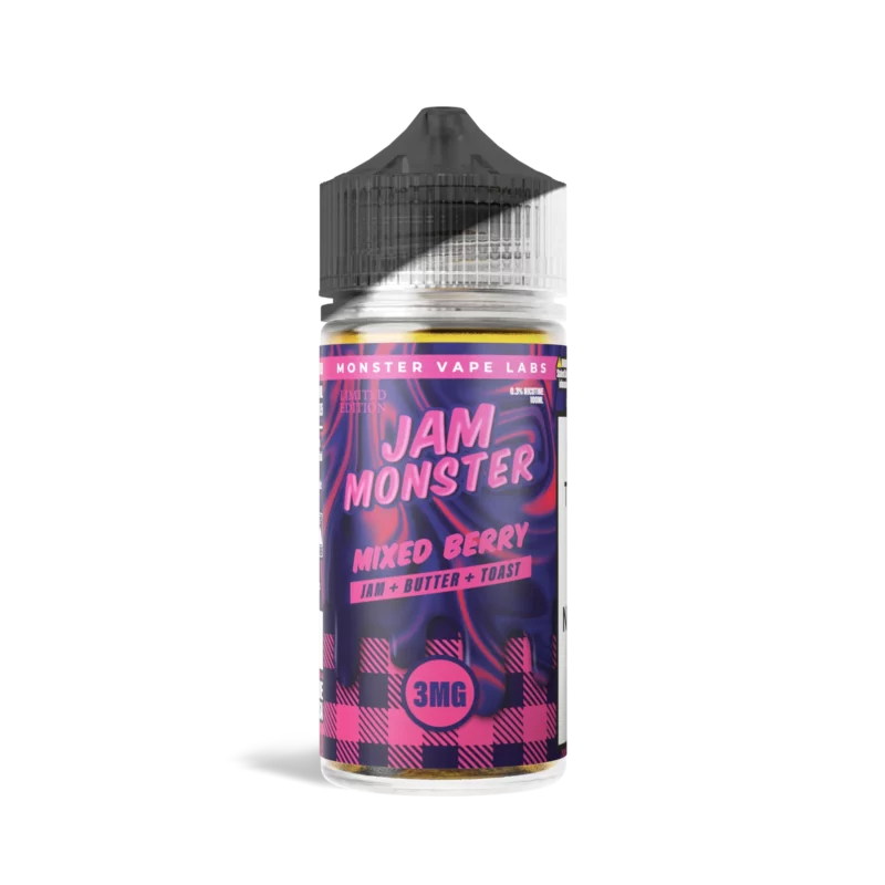 Jam Monster Mixed Berry vape juice bottle, 100 mL, 3 mg/mL nicotine