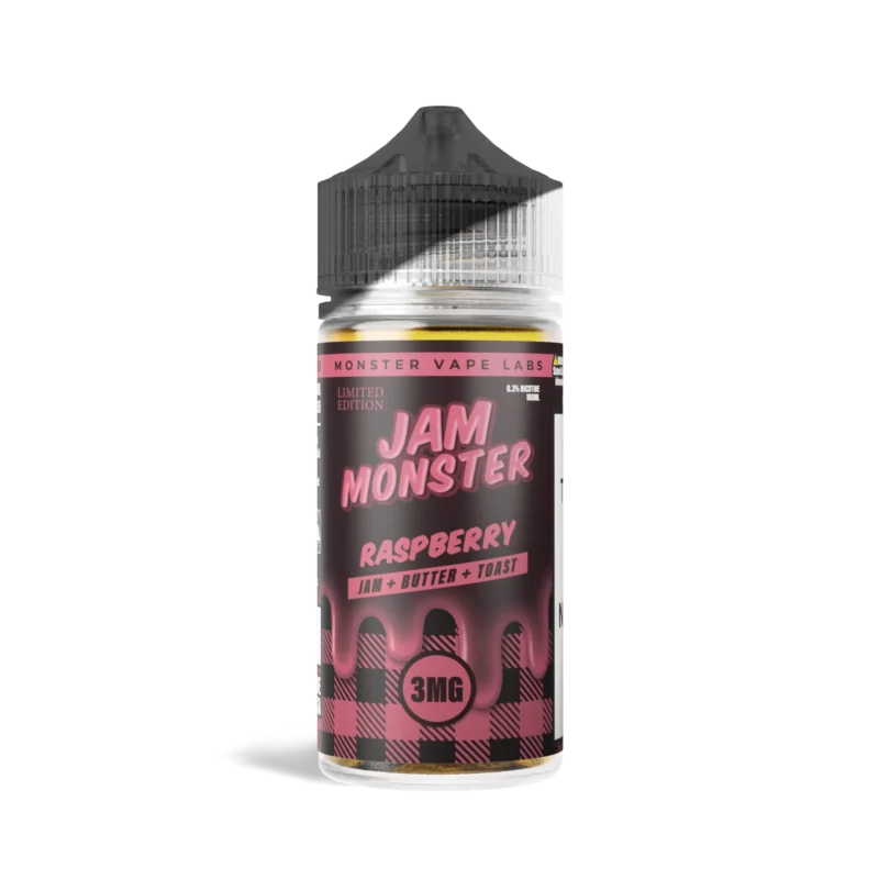 Jam Monster Raspberry vape juice bottle, 100 mL, 3 mg/mL nicotine