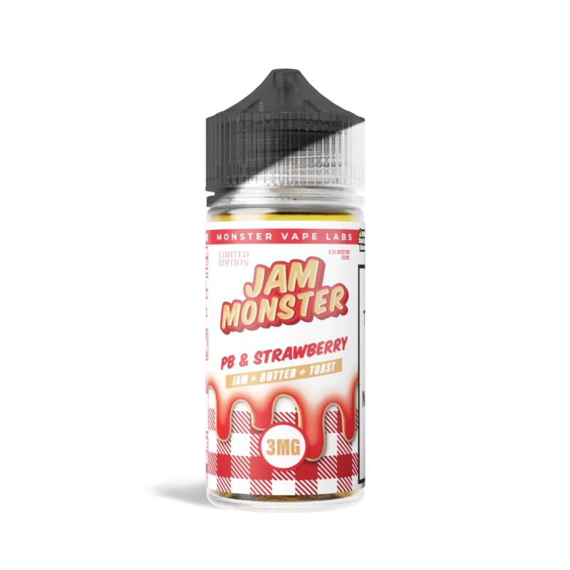 PB & Jam Monster Strawberry vape juice bottle, 100 mL, 3 mg/mL nicotine