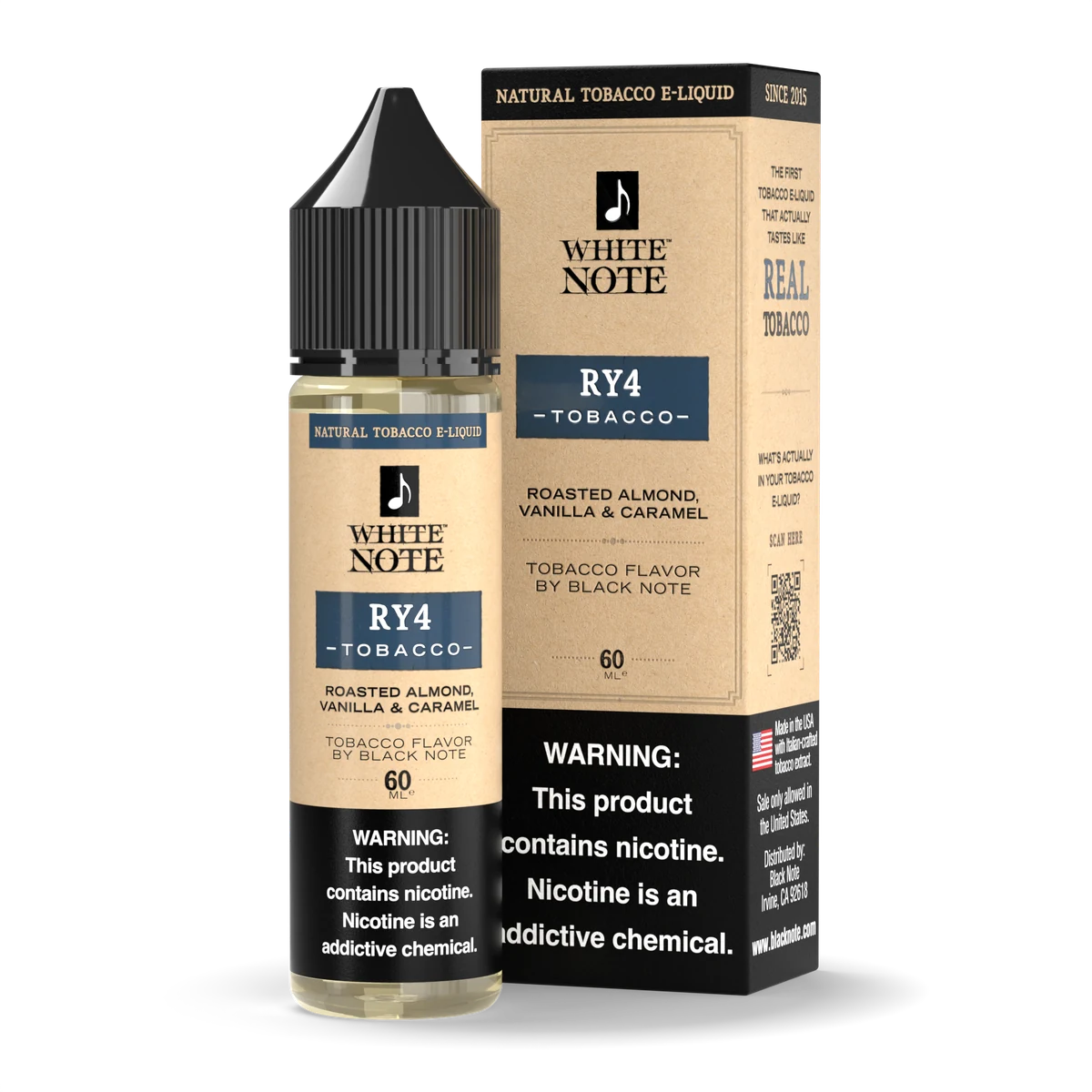 White Note RY4 Tobacco 60 mL bottle carton front wide